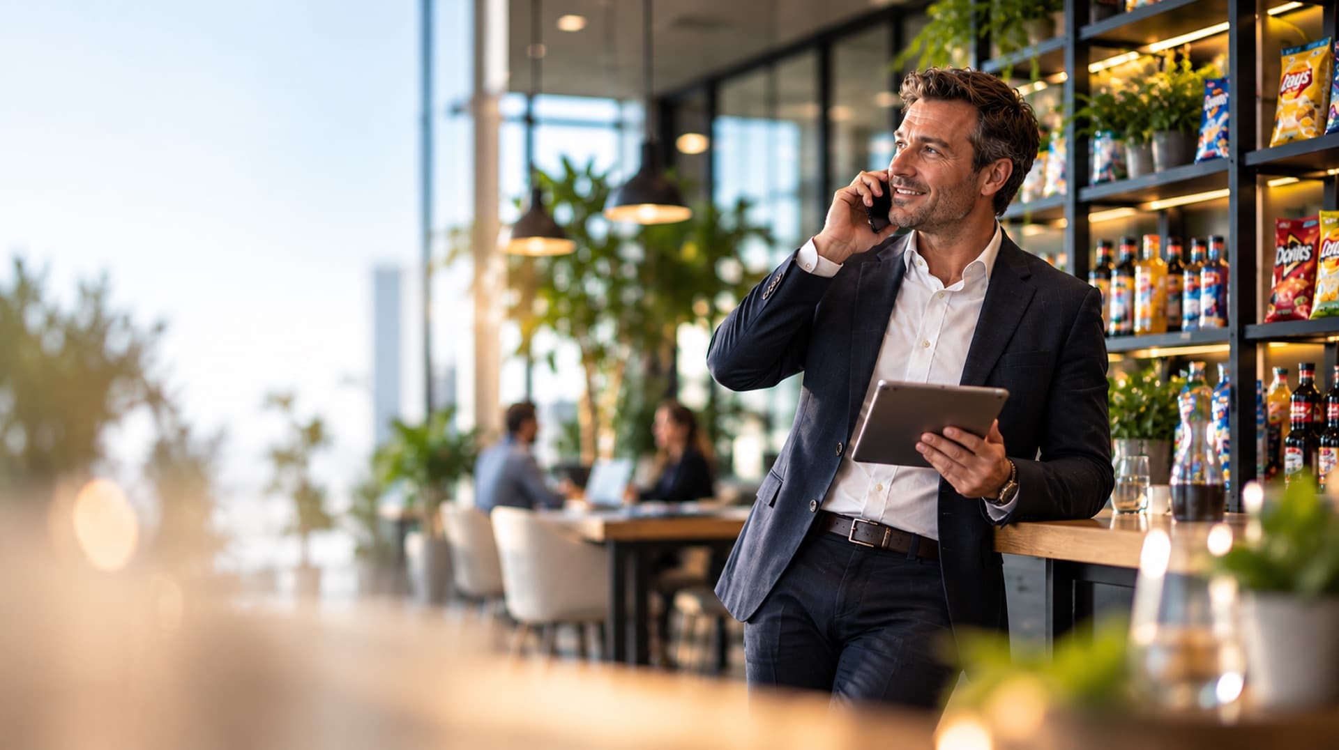 Buyer on the phone holding a tablet in an office