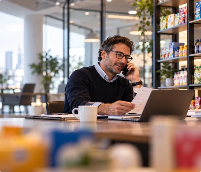 Buyer working on a laptop while on the phone