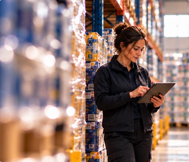 Seller reviewing inventory on a tablet in a warehouse