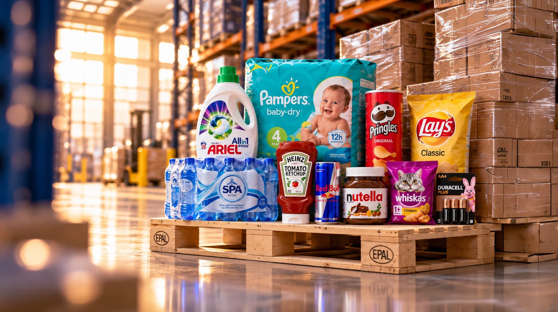 Pallet of branded FMCG products in a warehouse aisle