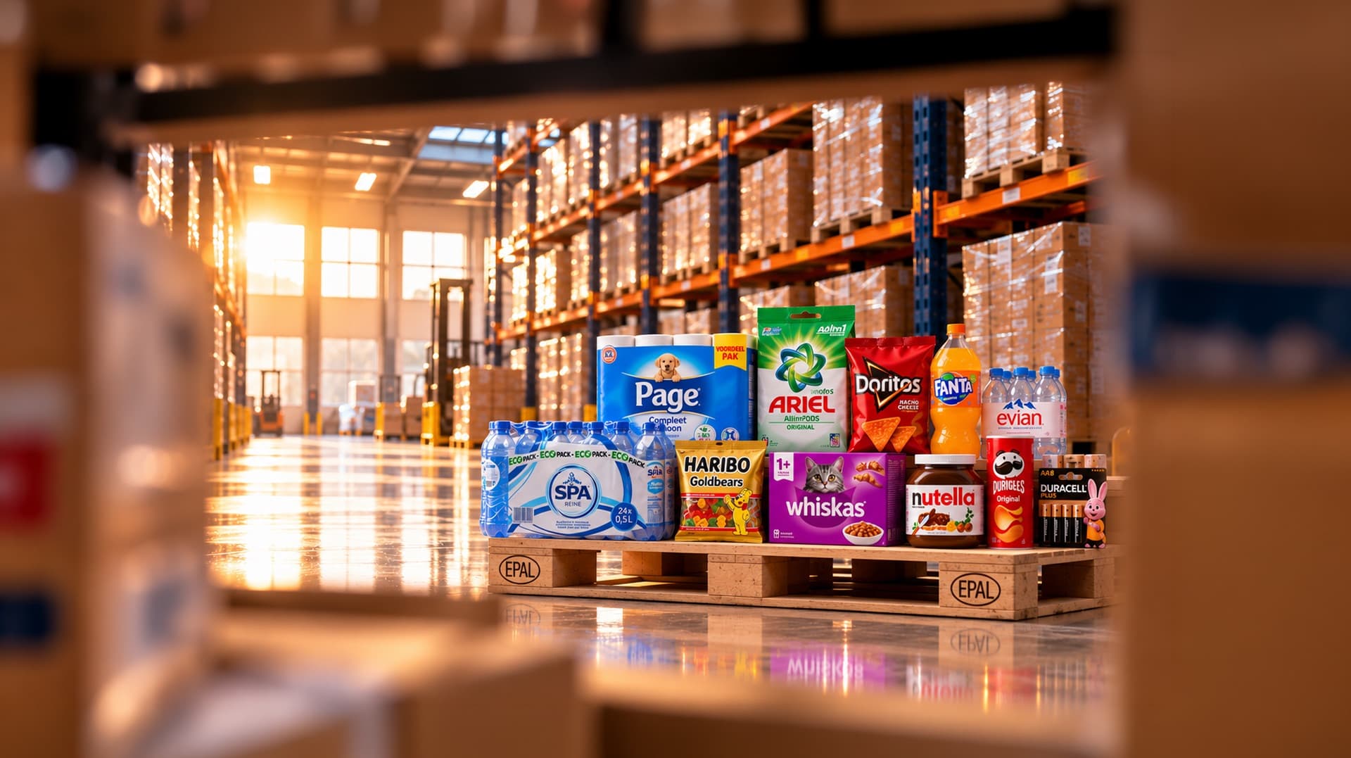 Branded FMCG products on a pallet in a warehouse