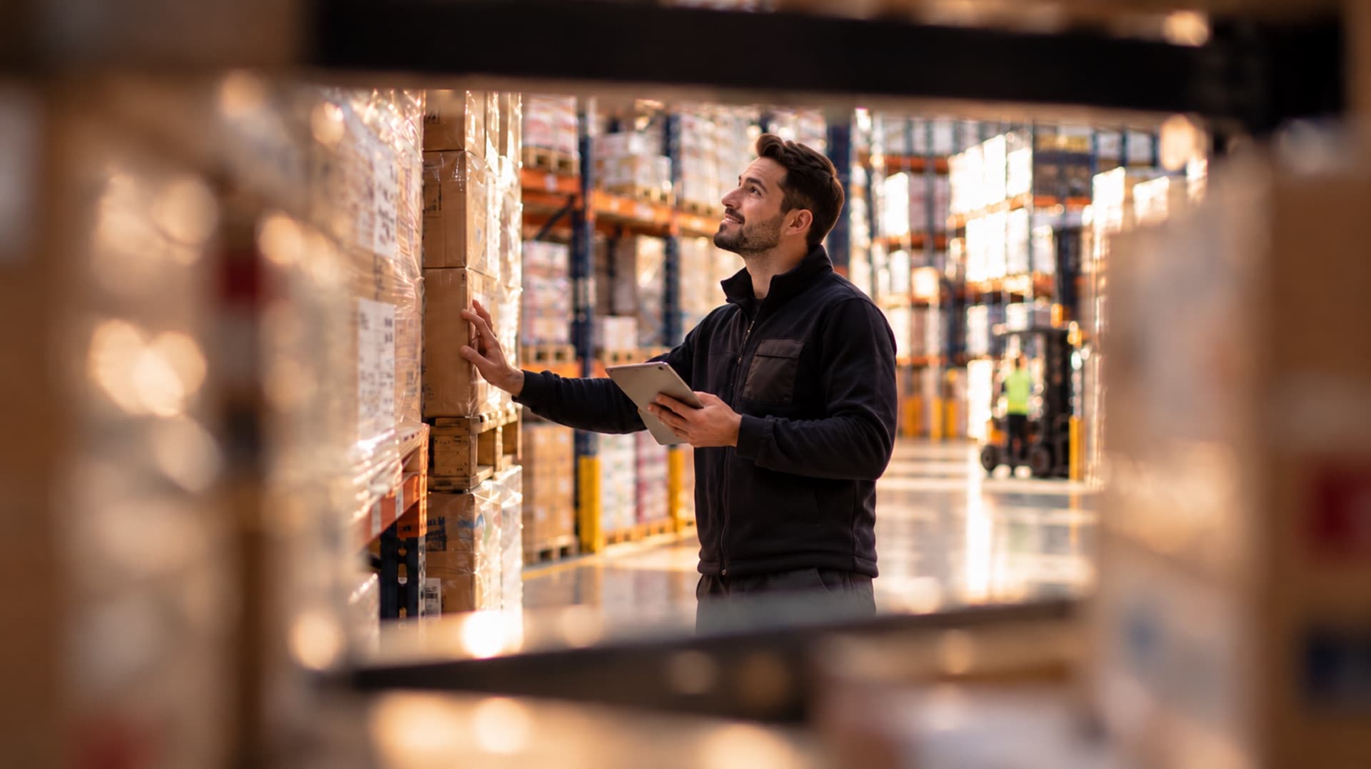 Warehouse worker checking stock on a tablet