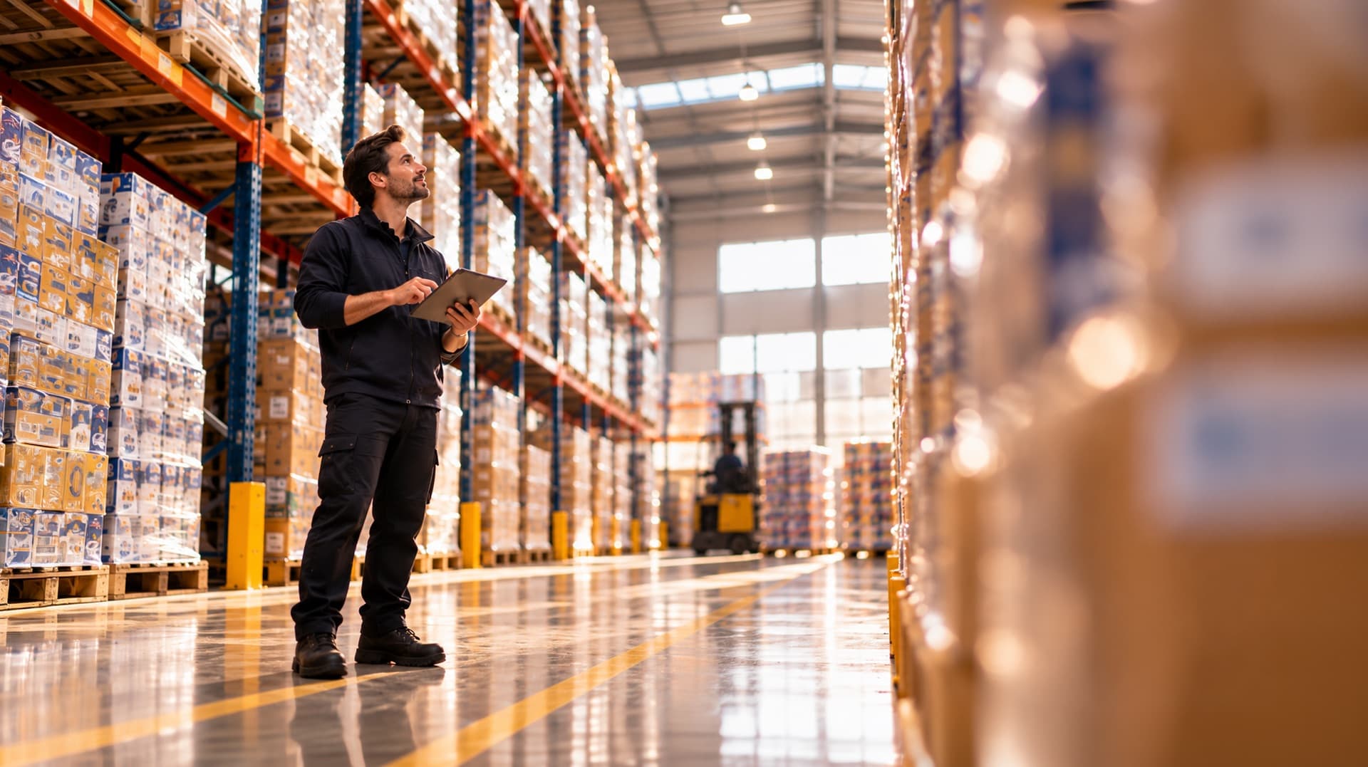 Supplier checking results on a tablet in a warehouse aisle