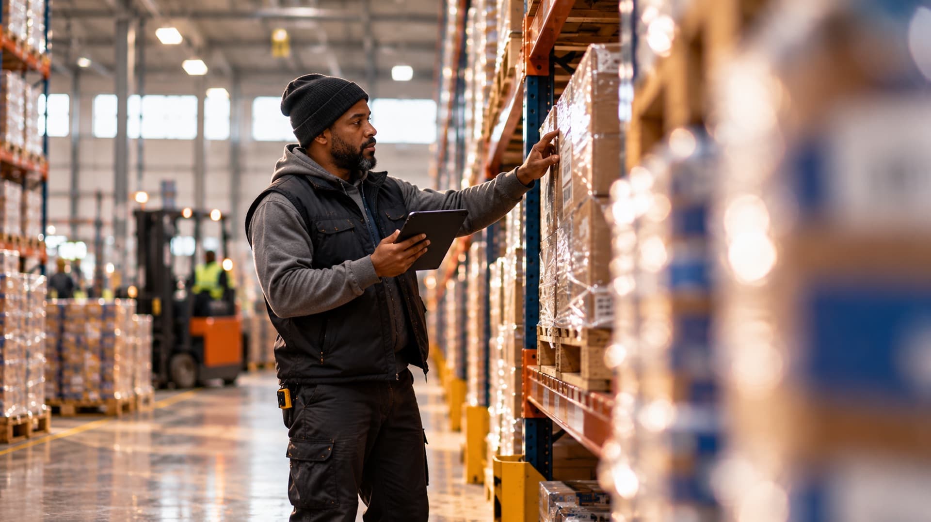 Warehouse worker checking a pallet against a tablet